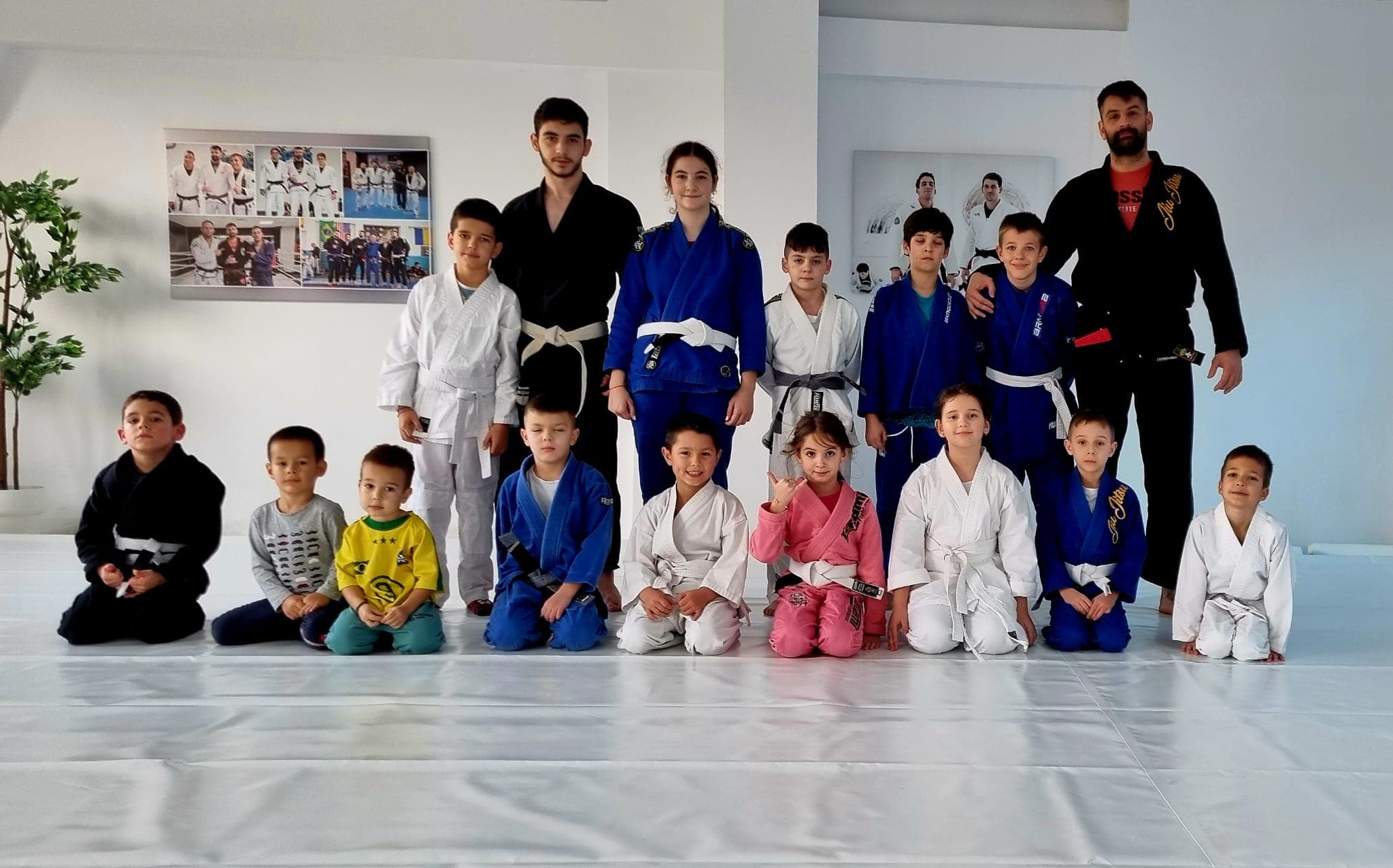 Grupa de copii în kimono, în rânduri pe salteaua sălii