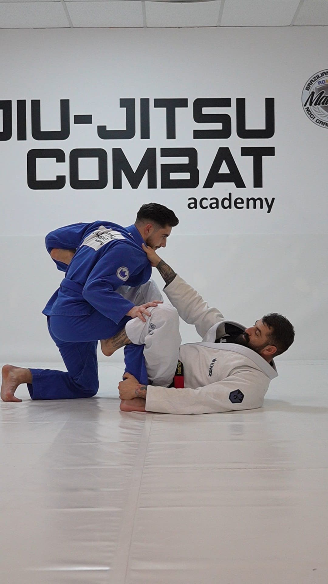 Control la sol, demonstrat de doi sportivi în kimono